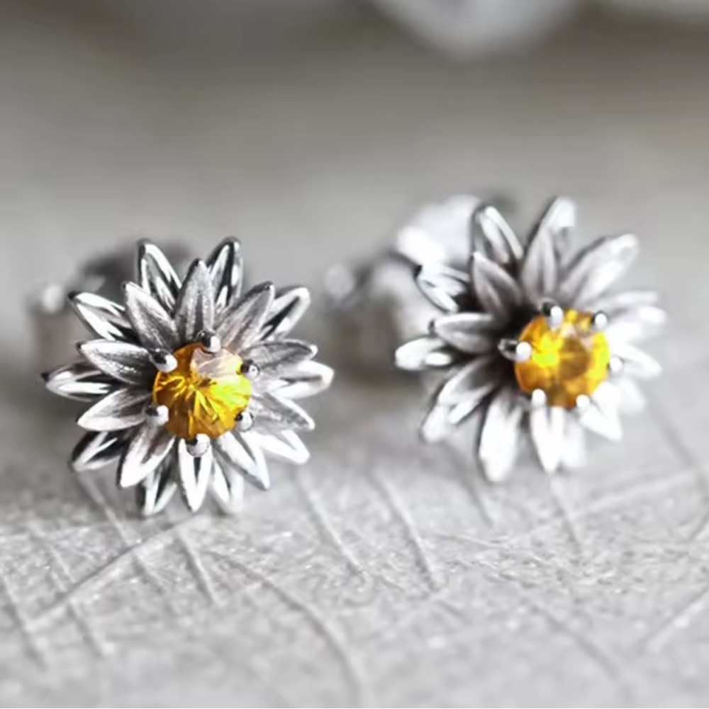 Sterling Silver Crystal Daisy Stud Earrings with Yellow Gemstone